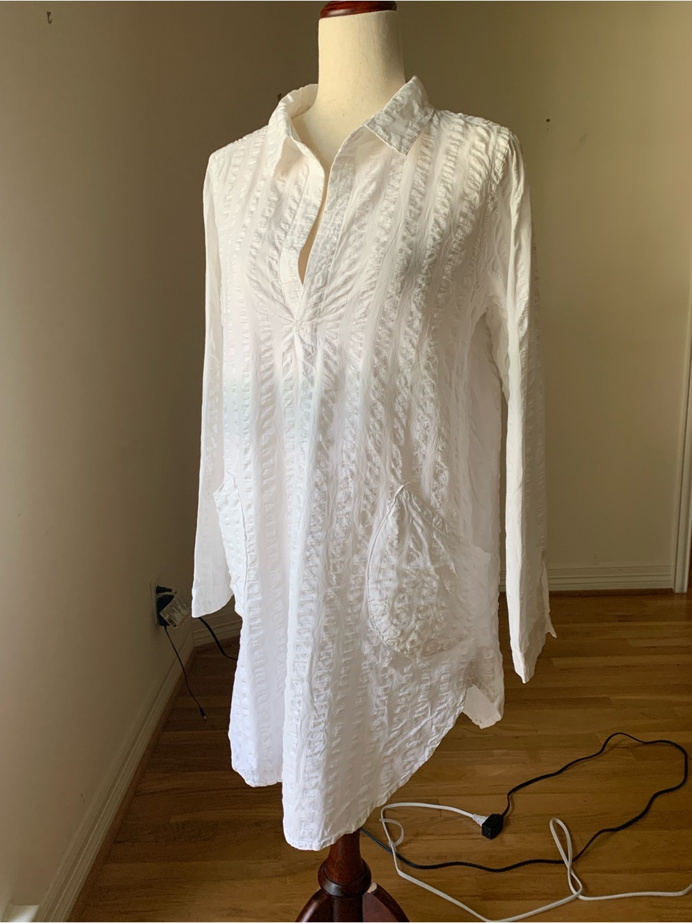 Dylan White Textured 100% Cotton Tunic Shirt Dress Small Pockets Boho Coastal